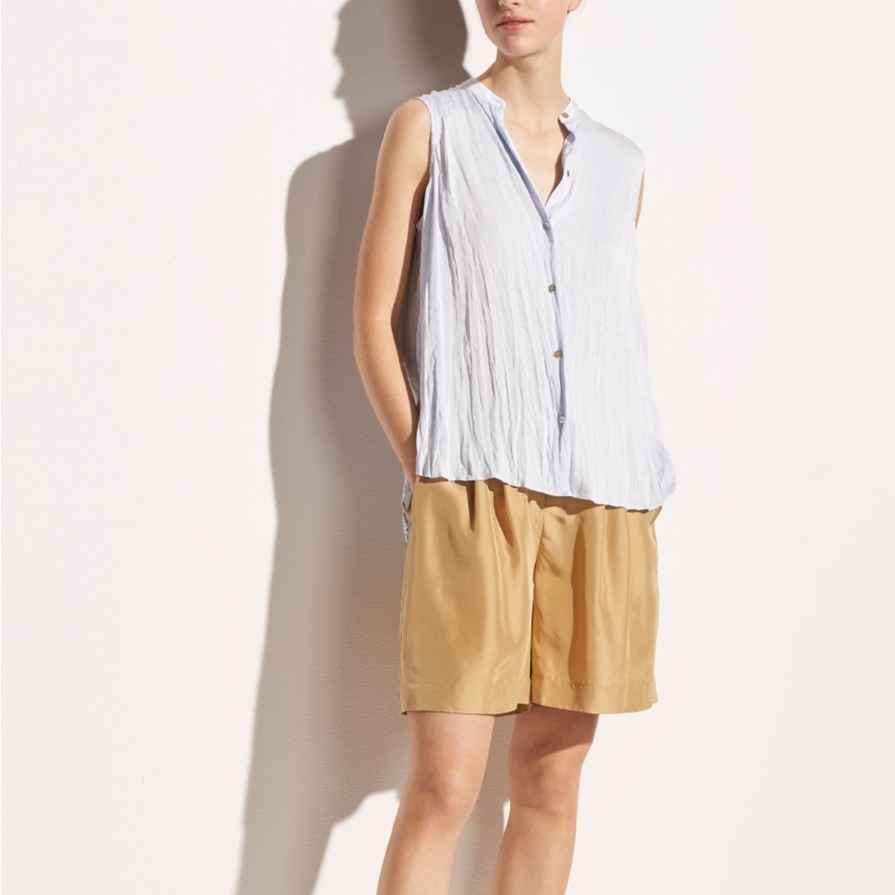 Vince Sleeveless Crushed Satin Band Collar Blouse